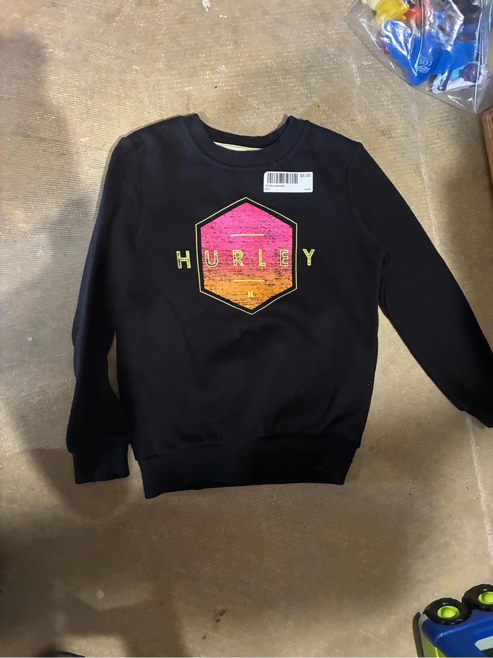 Hurley Black Crewneck Sweatshirt with Pink-to-Orange Hex Logo